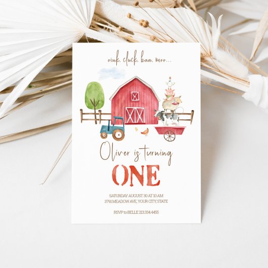 Boerderijdieren thema eerste verjaardag uitnodigin kaart