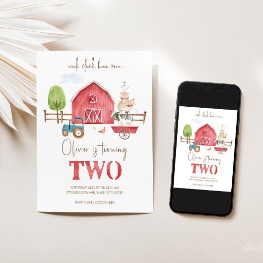 Boerderijdieren thema tweede verjaardag uitnodigin kaart