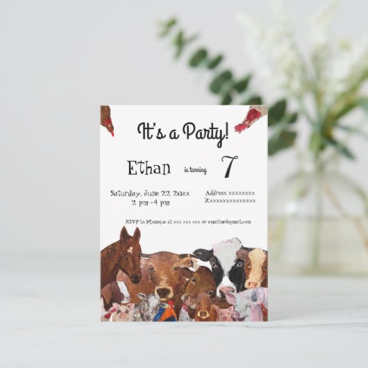 Boerderijdieren, uitnodiging voor verjaardagsfeest (Staand voorkant)
