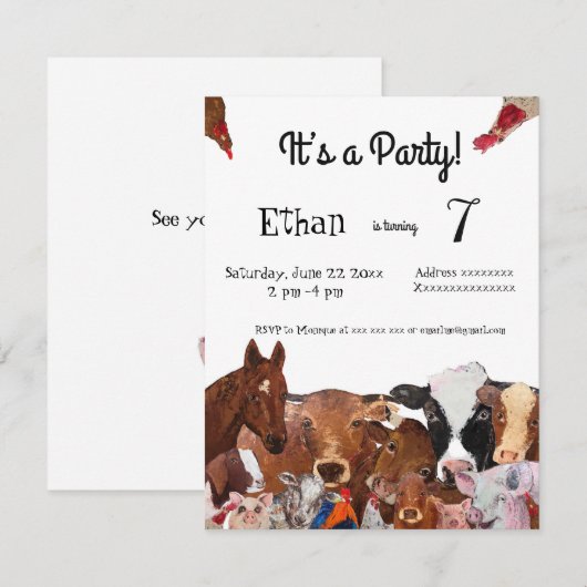 Boerderijdieren, uitnodiging voor verjaardagsfeest (Voorkant / Achterkant)