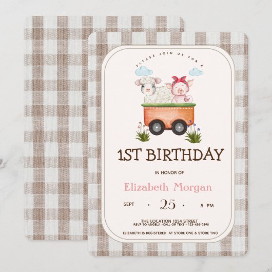 Boerderijdieren Varkensschapen Gingham Kaart (Voorkant / Achterkant)