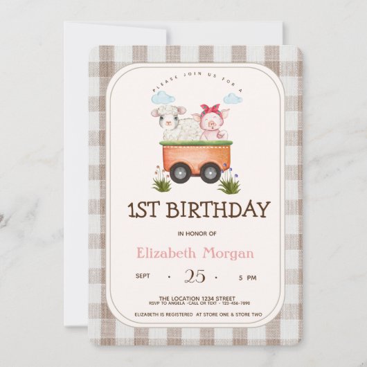 Boerderijdieren Varkensschapen Gingham Kaart (Voorkant)