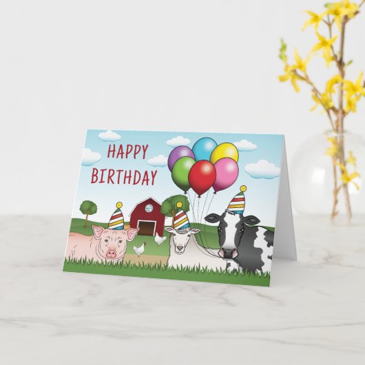 Boerderijdieren Verjaardagsballonnen en Petten Bar Kaart (Gele Bloem)