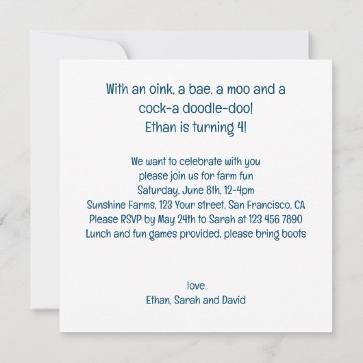 Boerderijdieren verjaardagsuitnodiging, boerenerf  kaart (Achterkant)