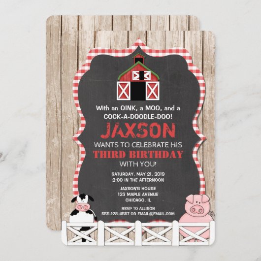 Boerderijdieren verjaardagsuitnodiging jongen rood kaart (Voorkant / Achterkant)