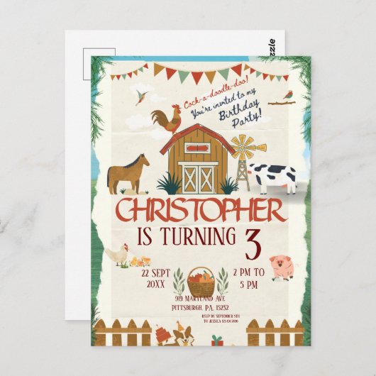 Boerderijdieren Watercolor Modern 1e Verjaardag Briefkaart (Voorkant / Achterkant)
