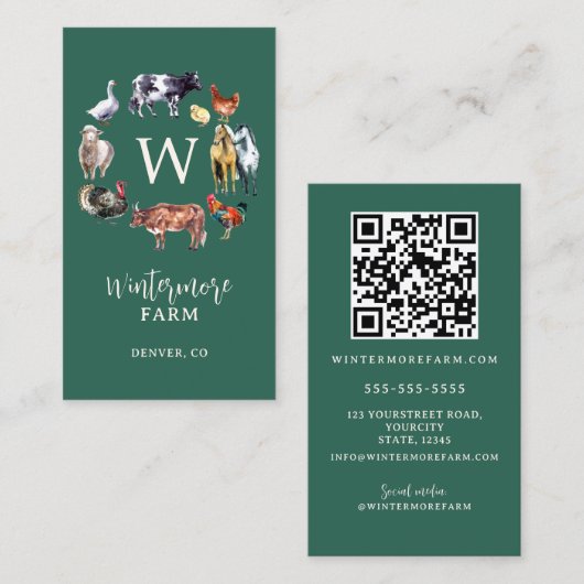 Boerderijdieren waterverf boerderij bedrijf groen visitekaartje (Voorkant / Achterkant)