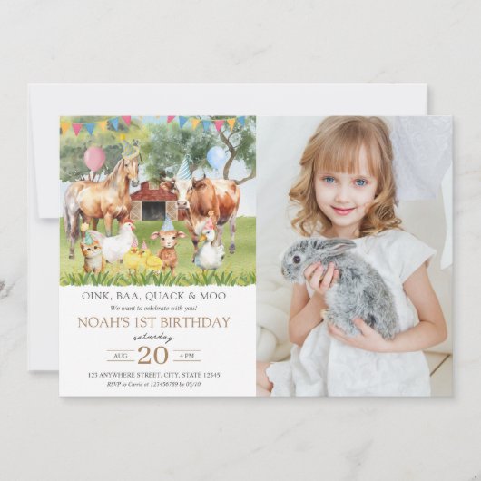 Boerderijdieren Waterverf Verjaardagsfeestfoto Kaart (Voorkant)