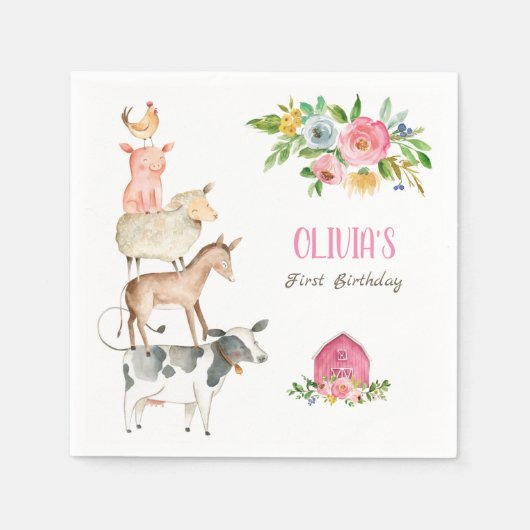 Boerderijdieren Zoo Meisje Verjaardag Barnyard Roz Servet (Voorkant)