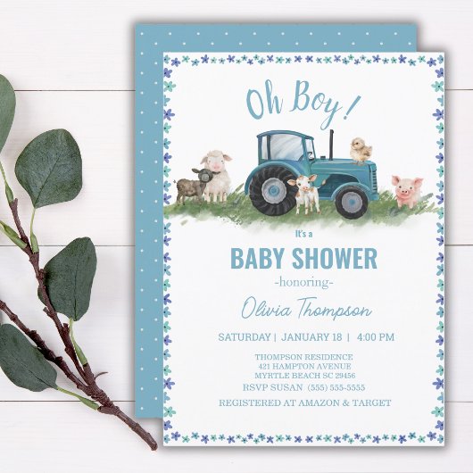 Boerderijdierentractor jongen baby shower kaart