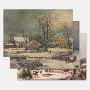 Boerderijen Winter Decoupage Heavy Weight 3-set Inpakpapier Vel