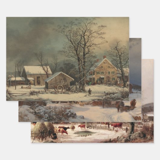 Boerderijen Winter Decoupage Heavy Weight 3-set Inpakpapier Vel (Set)