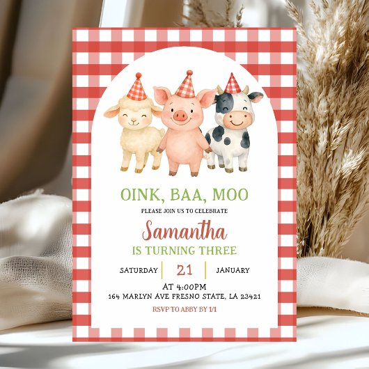 Boerderijfeest Gingham Verjaardagsuitnodiging Kaart