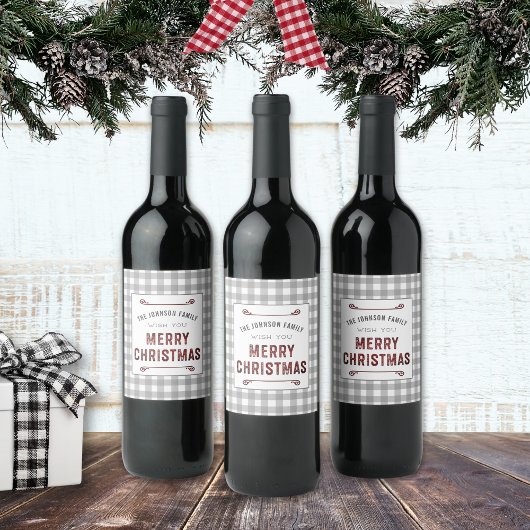Boerderijgrijs geruit Prettig Kerstfeest Wijn Etiket