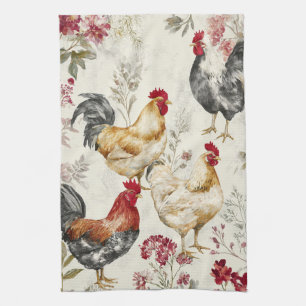 Boerderijkippen en botanisch patroonontwerp theedoek