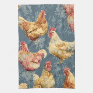 Boerderijkippen en botanisch patroonontwerp theedoek