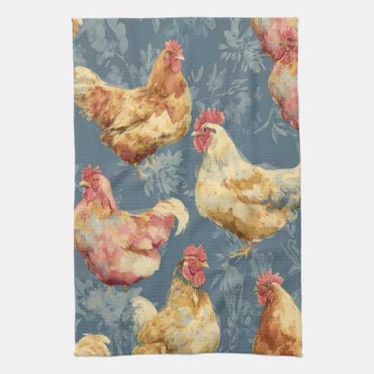 Boerderijkippen en botanisch patroonontwerp theedoek (Verticaal)