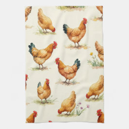 Boerderijkippen en botanisch patroonontwerp theedoek