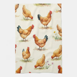 Boerderijkippen en botanisch patroonontwerp theedoek
