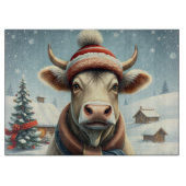 Boerderijkoe in nette winterkleding en hoed Winter Snijplank (Voorkant)