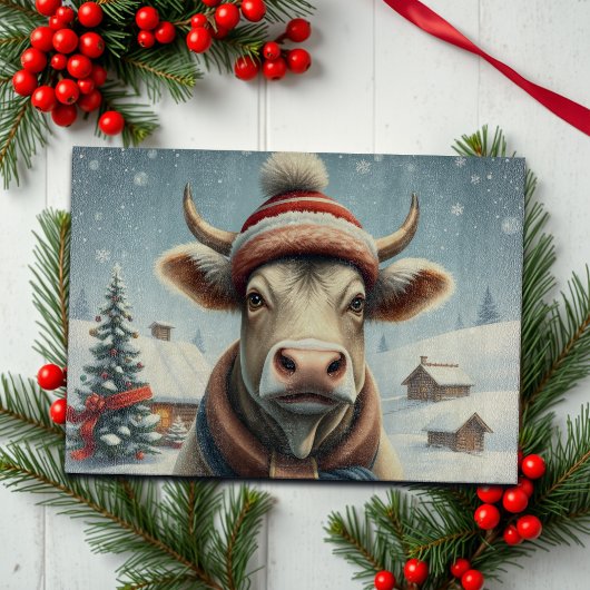 Boerderijkoe in nette winterkleding en hoed Winter Snijplank