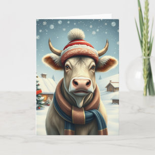 Boerderijkoe in preppy winterkleding en hoed Winte Kaart