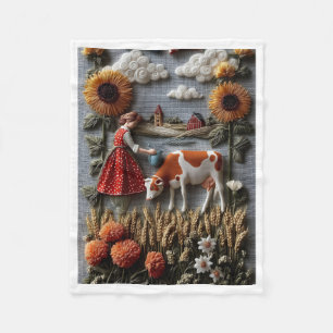 Boerderijmeisje en koe zonnebloem wei fleece deken