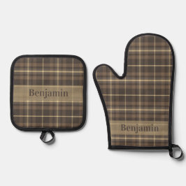 Boerderijplaid in beige en bruin en eigen naam ovenwant & pannenlap set