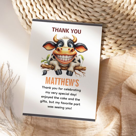 Boerderijthema 1e verjaardag Cute Crazy Cow Bedankkaart