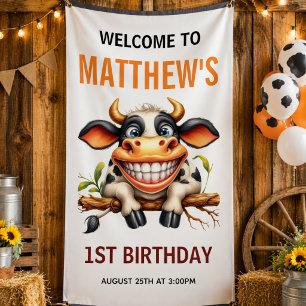Boerderijthema 1e verjaardag Cute Crazy Cow Spandoek