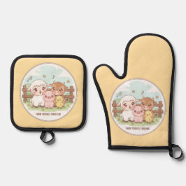 Boerderijvrienden voor altijd - schattig en knus ovenwant & pannenlap set