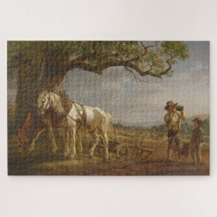 Boeren die rusten in een veld met paarden en ploeg legpuzzel