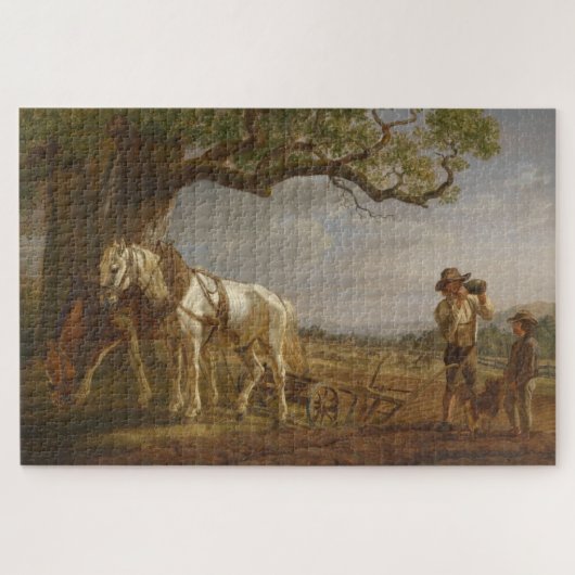 Boeren die rusten in een veld met paarden en ploeg legpuzzel (Horizontaal)