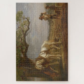 Boeren die rusten in een veld met paarden en ploeg legpuzzel (Verticaal)