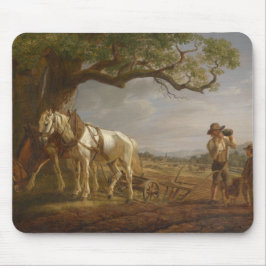 Boeren die rusten in een veld met paarden en ploeg muismat