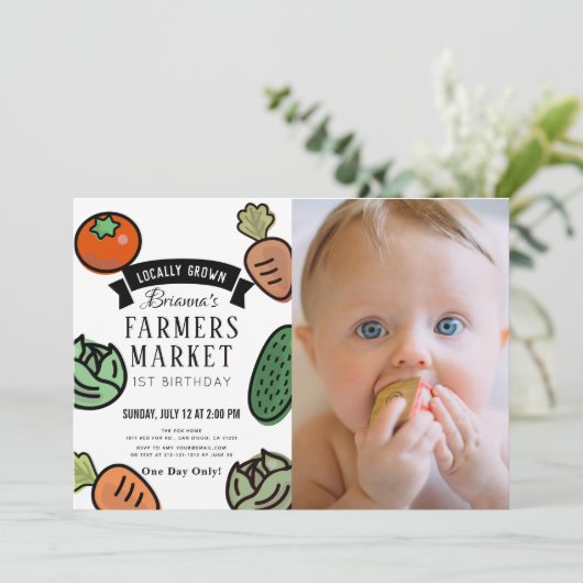 Boeren Markt Chique Wit 1e Verjaardag Foto Kaart (Staand voorkant)