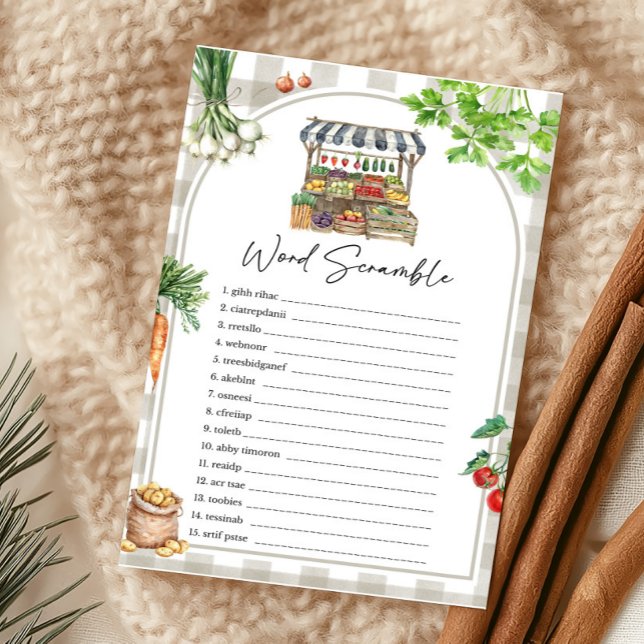Boeren markt lokaal geteeld woord scramble spel (Farmers Market Baby Shower Word Scramble Game)