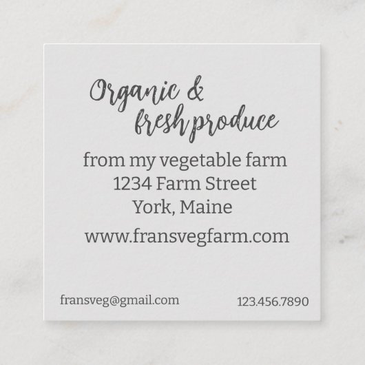 Boeren verkopen groenten en groene erwten vierkante visitekaartje (Achterkant)