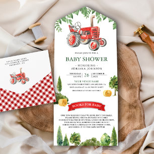 Boerenbedrijfs Tractor Baby Shower in Rustiek Rood All In One Uitnodiging