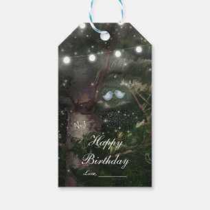 Boerenbruiloft met liefdes vogels tussen de bomen cadeaulabel