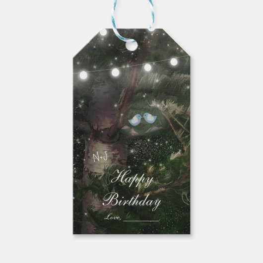 Boerenbruiloft met liefdes vogels tussen de bomen cadeaulabel (Voorkant)