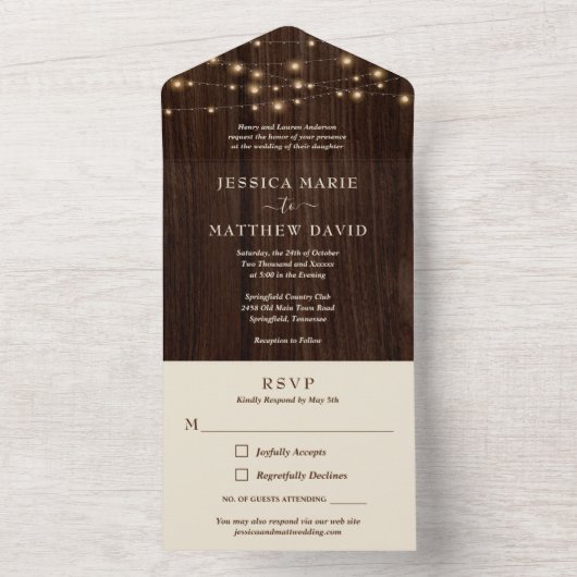 Boerenhuis Slingerlichtjes Bruiloft All In One Uitnodiging (Binnen)