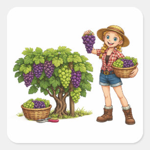 Boerenmeisje dat druiven plukt, wijngaard oogst ku vierkante sticker