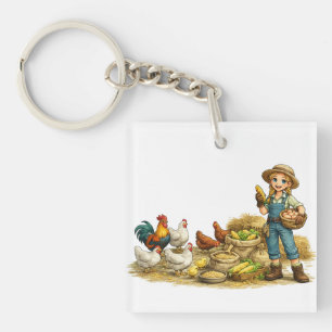 Boerenmeisje met eieren, leuke rustieke landelijke sleutelhanger