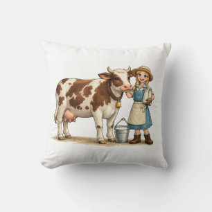 Boerenmeisje met koe, leuke zuivel landelijke kuns kussen