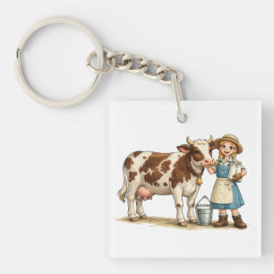 Boerenmeisje met koe, leuke zuivel landelijke kuns sleutelhanger