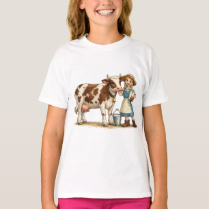 Boerenmeisje met koe, leuke zuivel landelijke kuns t-shirt
