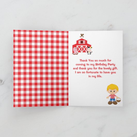 Boerenrood verjaardagsfeest blondharige jongen bedankkaart (Binnen)