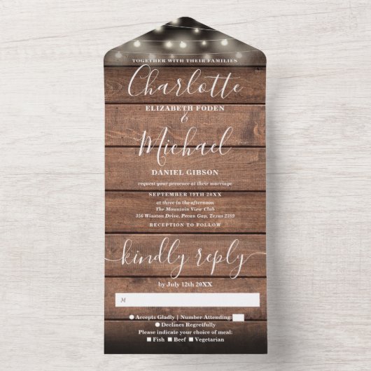 Boerenschuur Houten Slingerlampjes Bruiloft All In One Uitnodiging (Binnen)