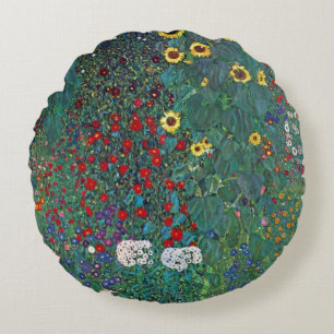 Boerentuin met zonnebloem door Klimt, Vintage Bloe Rond Kussen